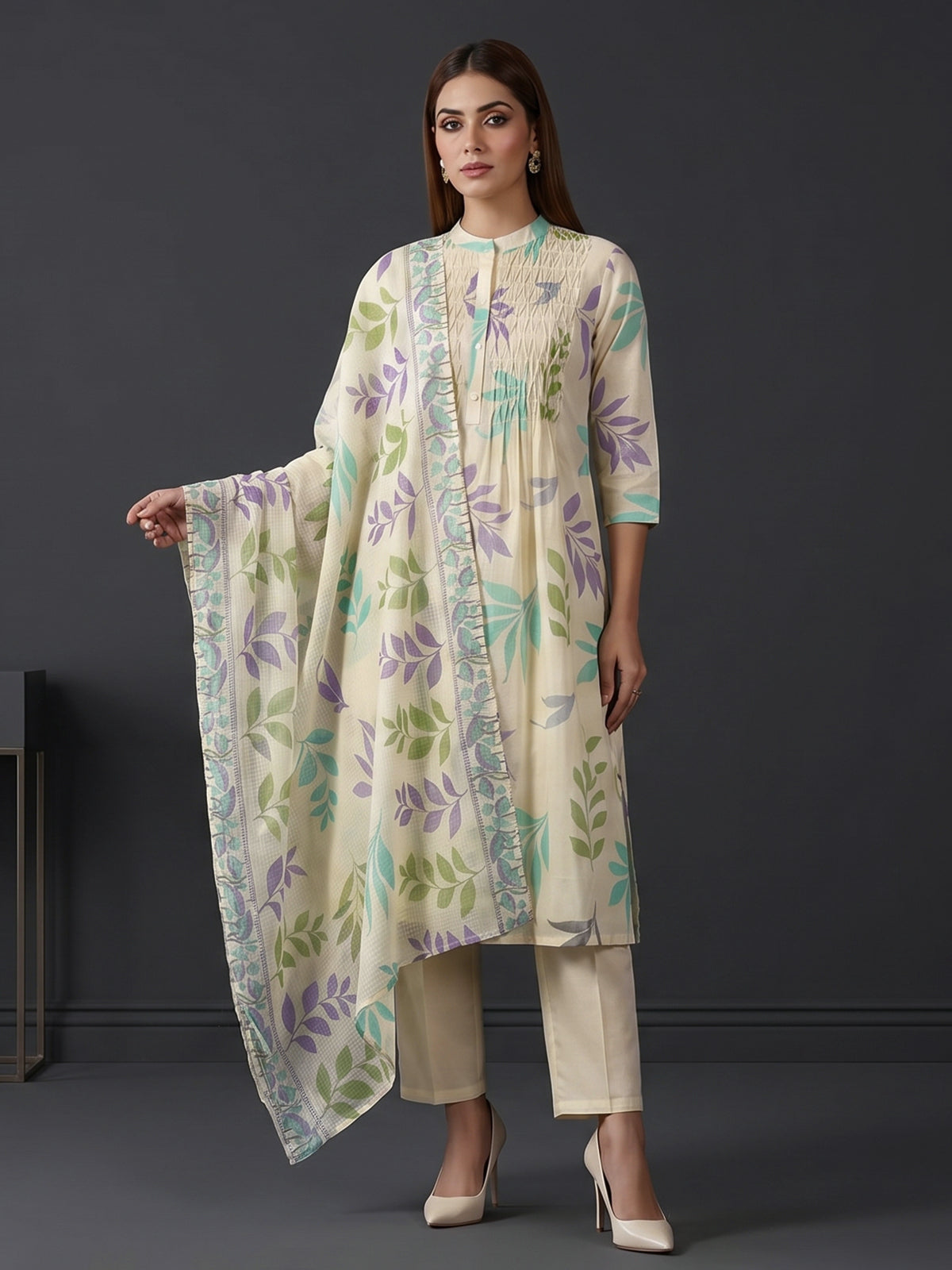 Cream smocked yoke cotton kurti set edit