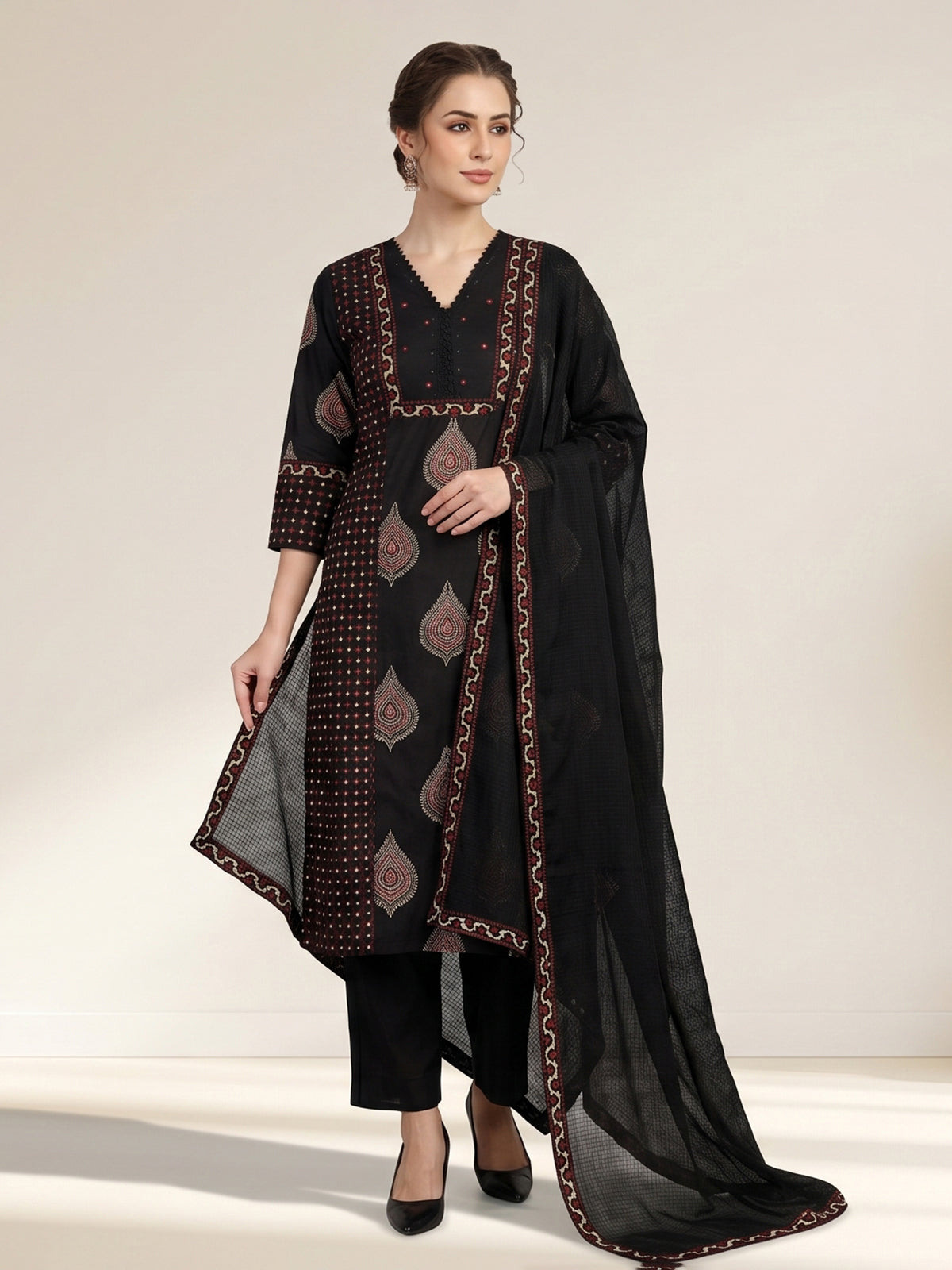 Black ajrakh printed cotton kurti set ensemble