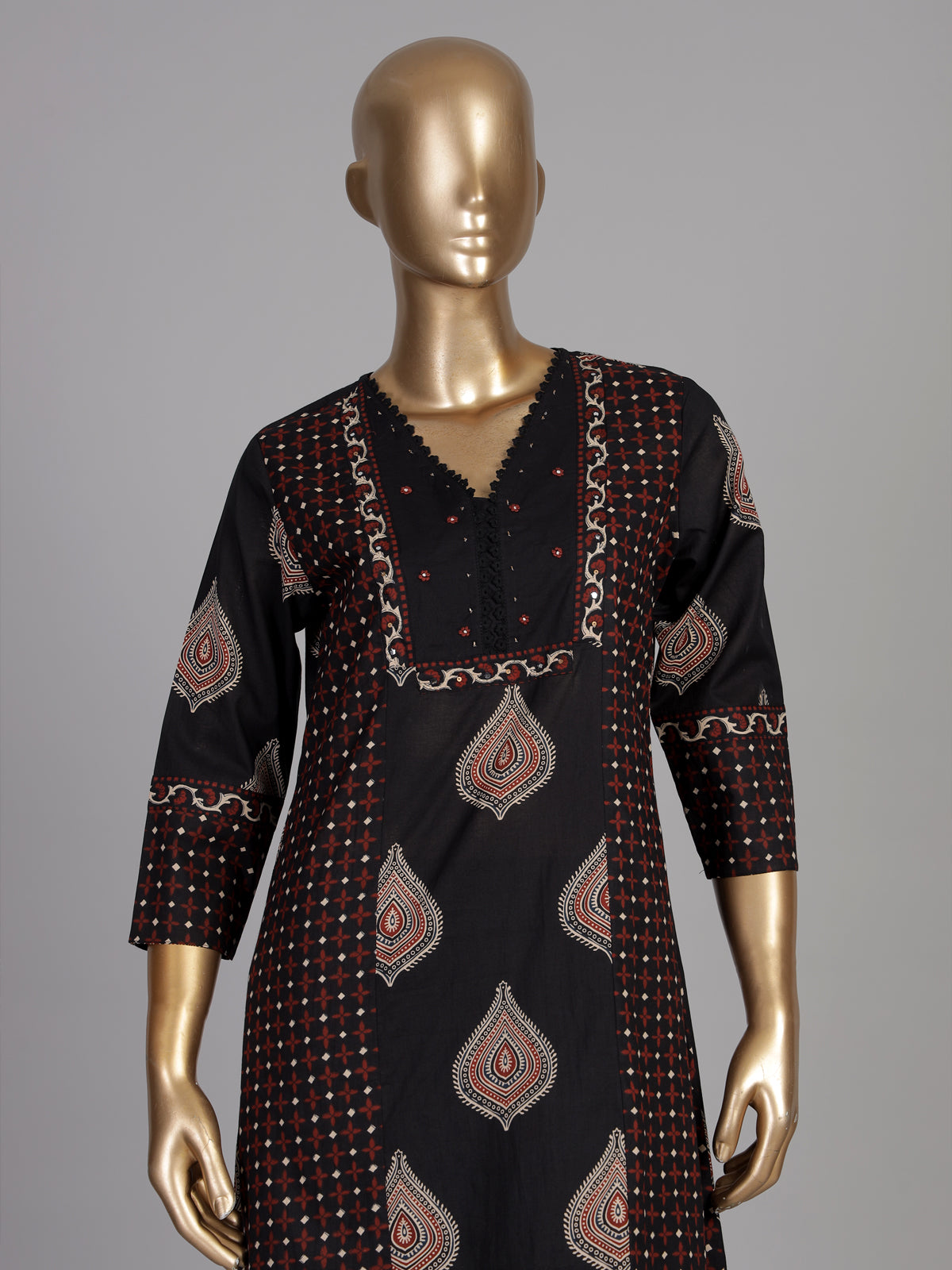 Black ajrakh printed cotton kurti set ensemble