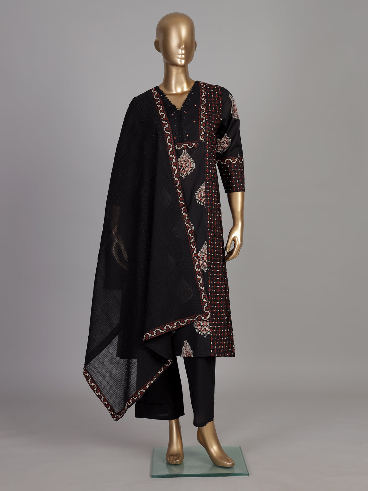 Black ajrakh printed cotton kurti set ensemble