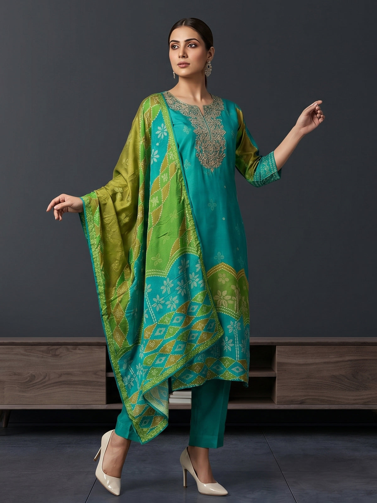 Blue bandhani inspired chanderi kurti set ensemble