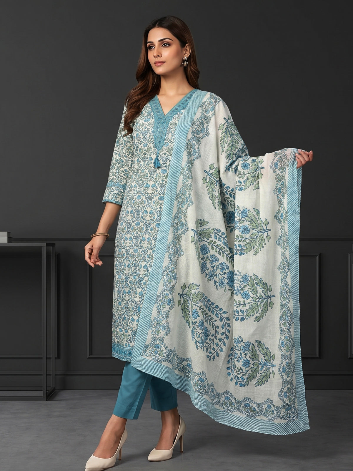 Off white sanganeri print kurti set ensemble