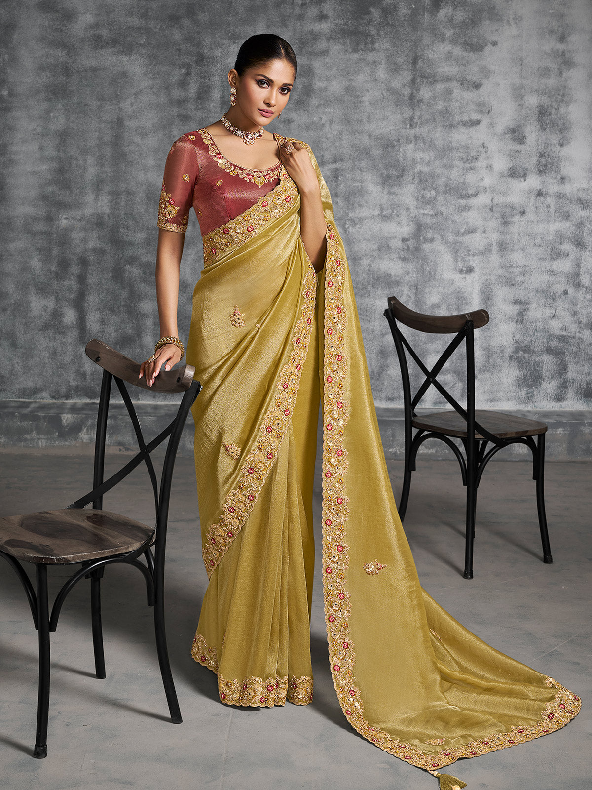 Golden viscose tissue saree for festive wear