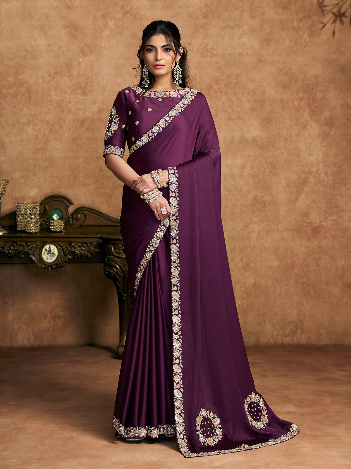 Wine satin silk party wear saree