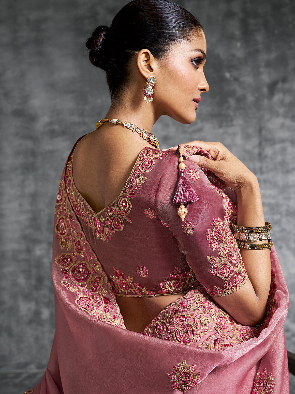 Onion pink viscose tissue saree for weddings