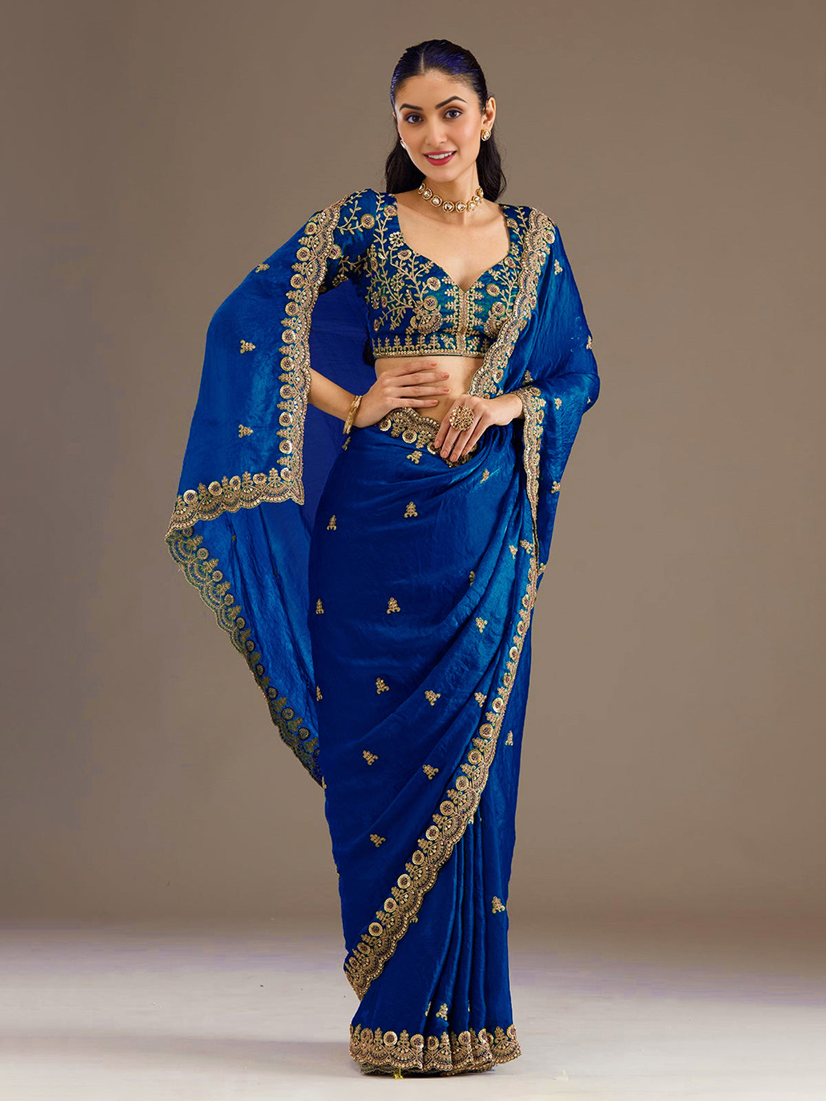 Royal blue tissue saree with thread and sequins work