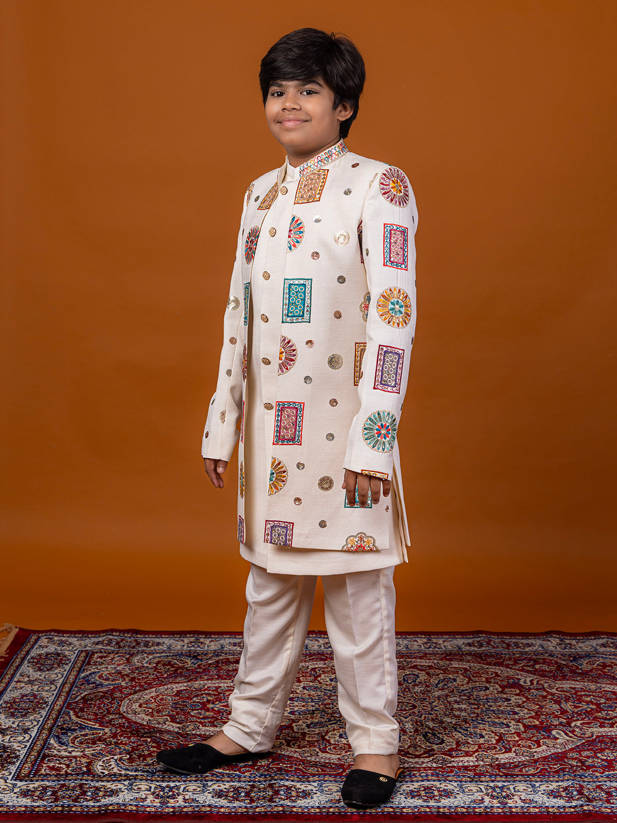 White raw silk embroidered work indowestern festive suit for boys