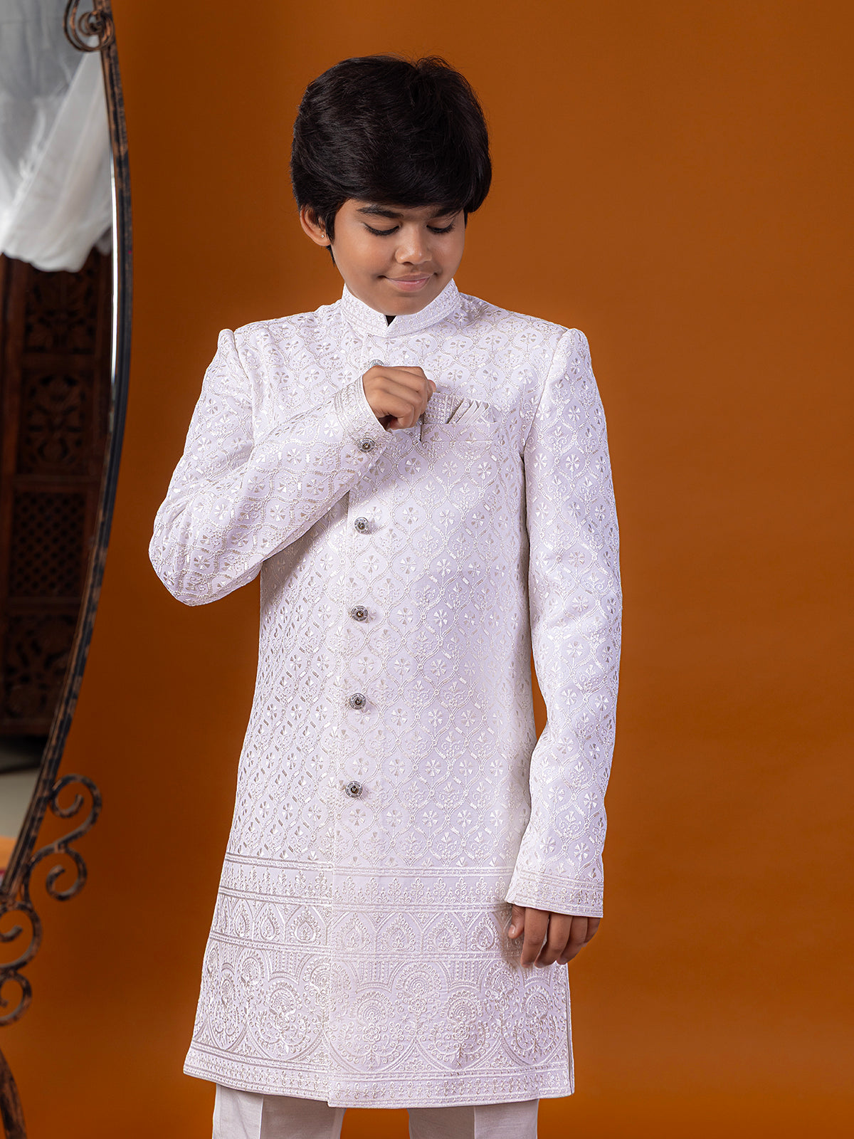 White silk indowestern suit with woven self design