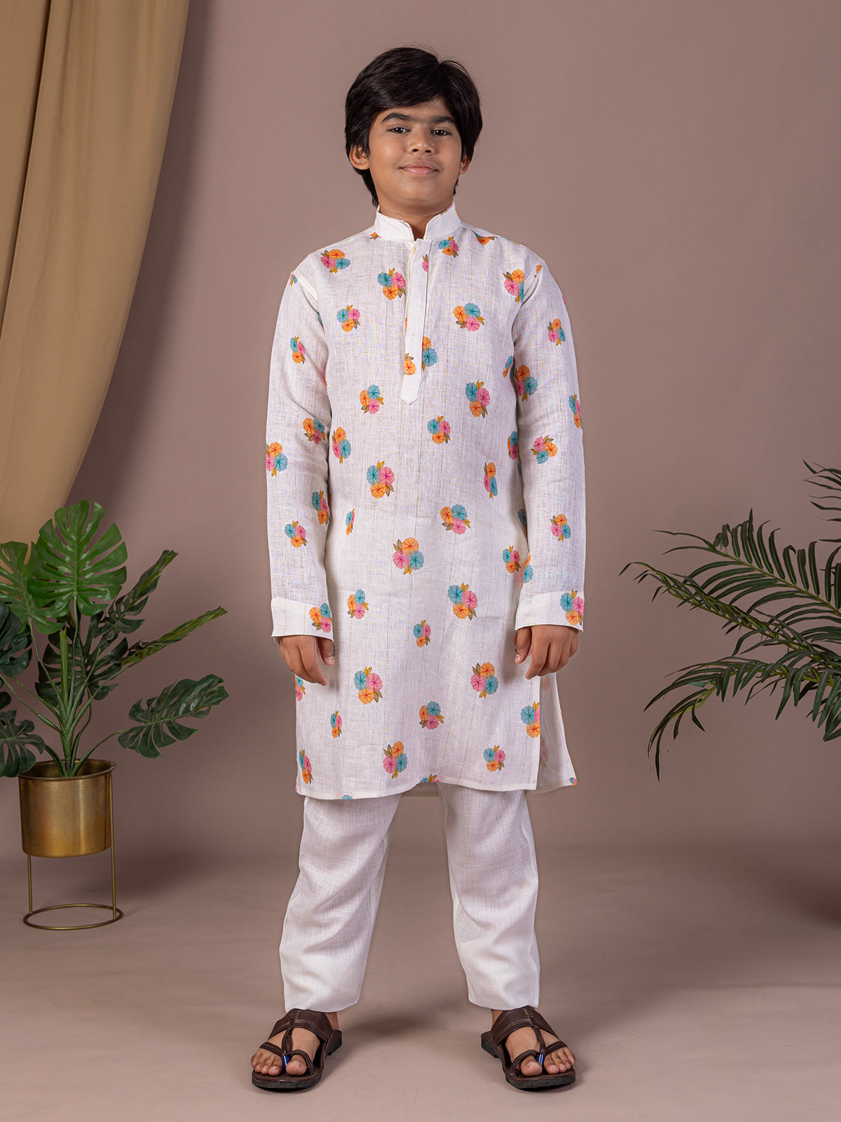 White floral printed cotton linen festive kurta suit