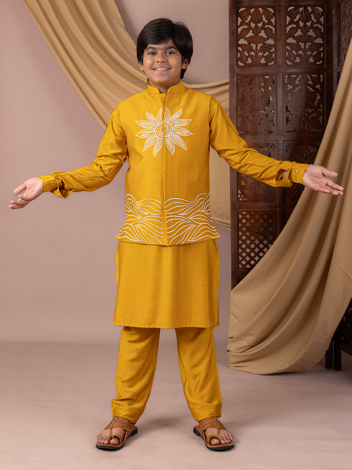 Radiate charm in yellow silk waistcoat set