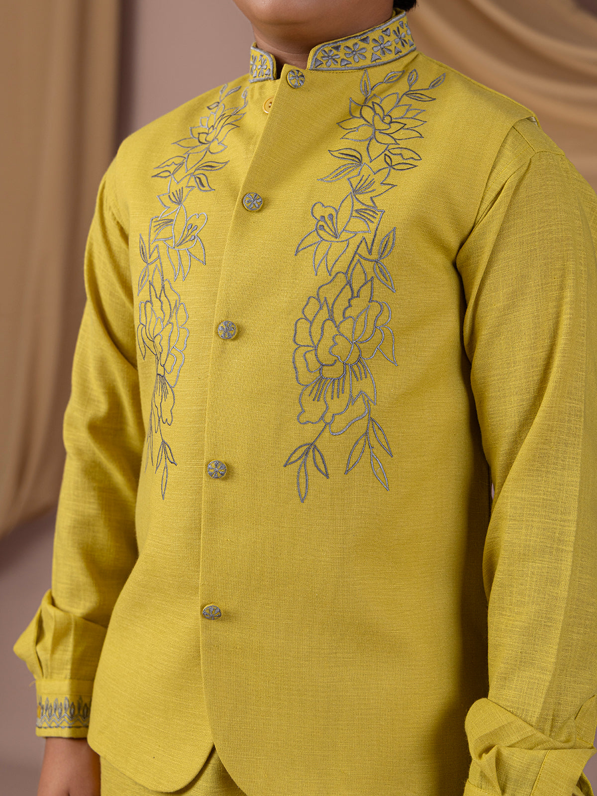 Sage green cotton silk waistcoat with embroidery work