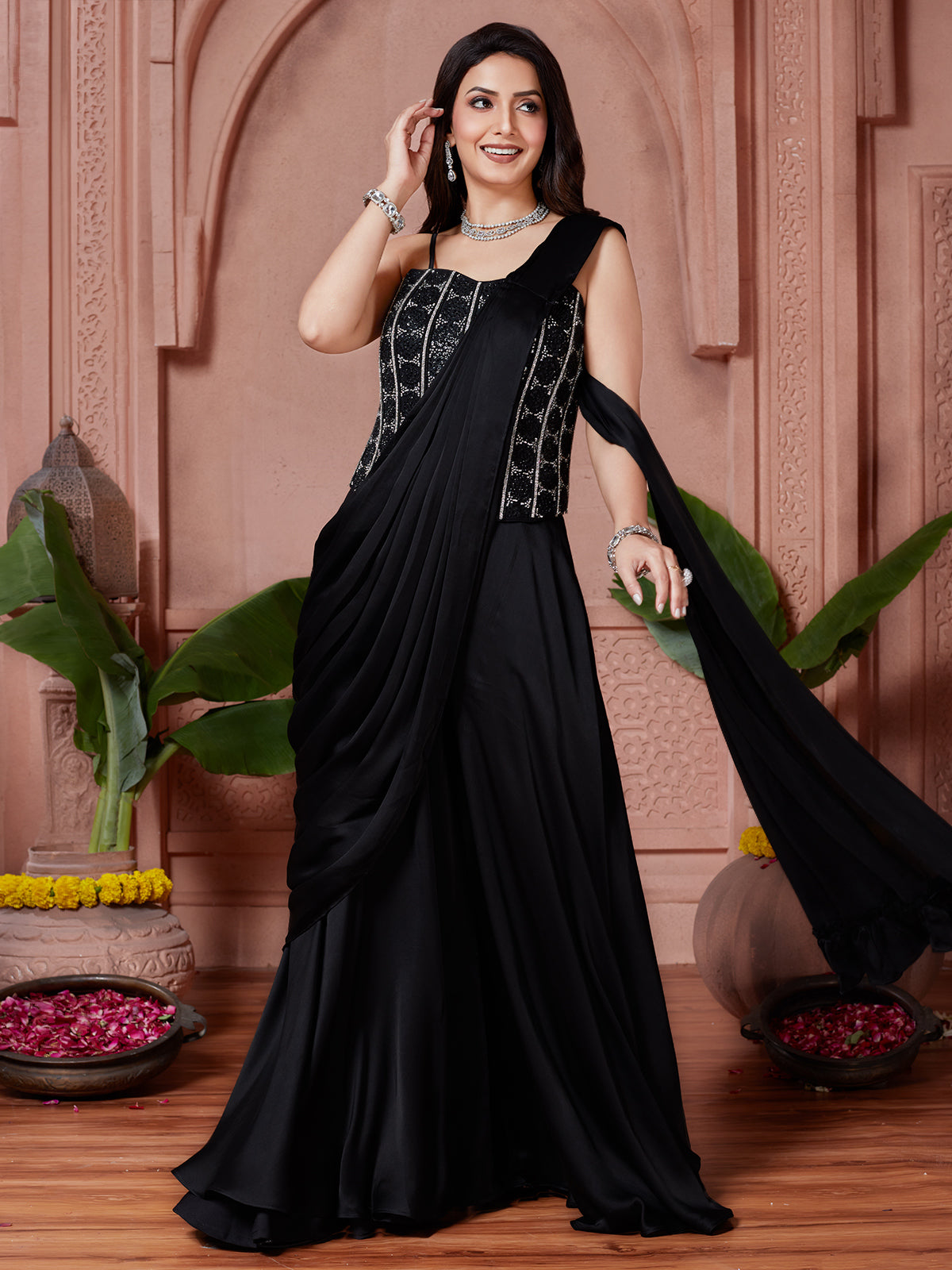 Black satin silk designer ready to wear saree