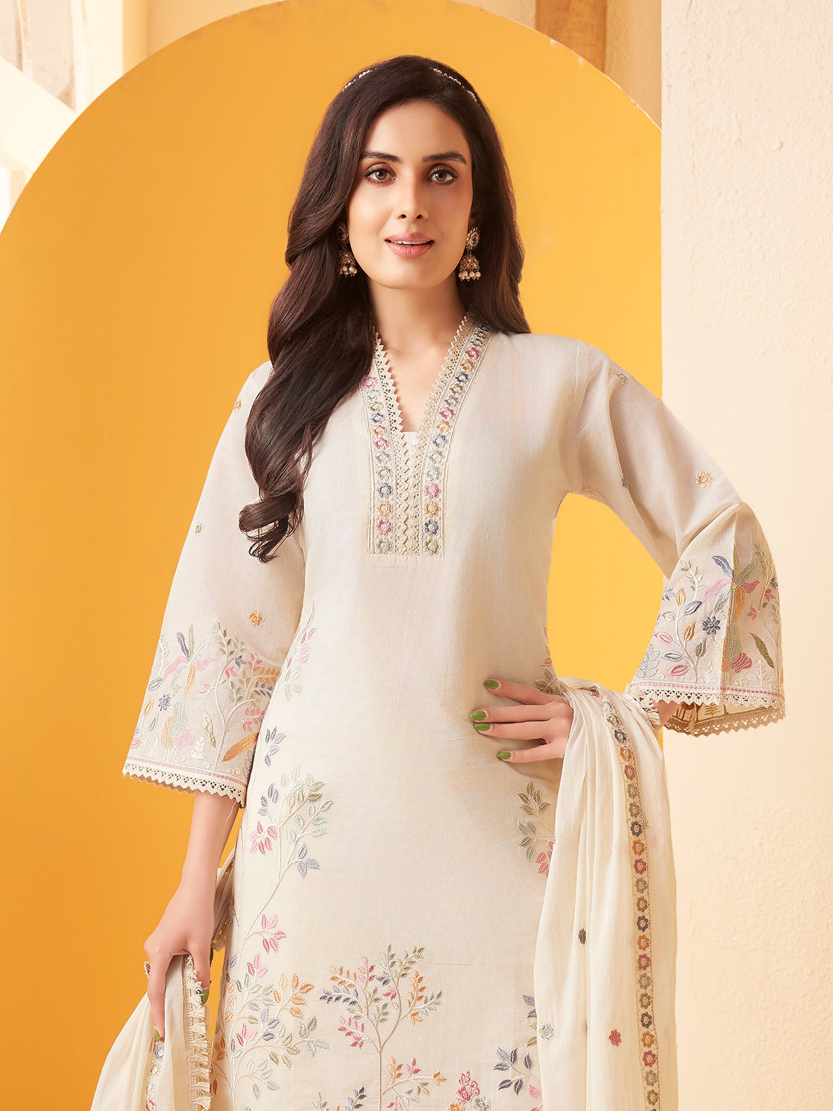 Off white cotton straight salwar suit with embroidery work
