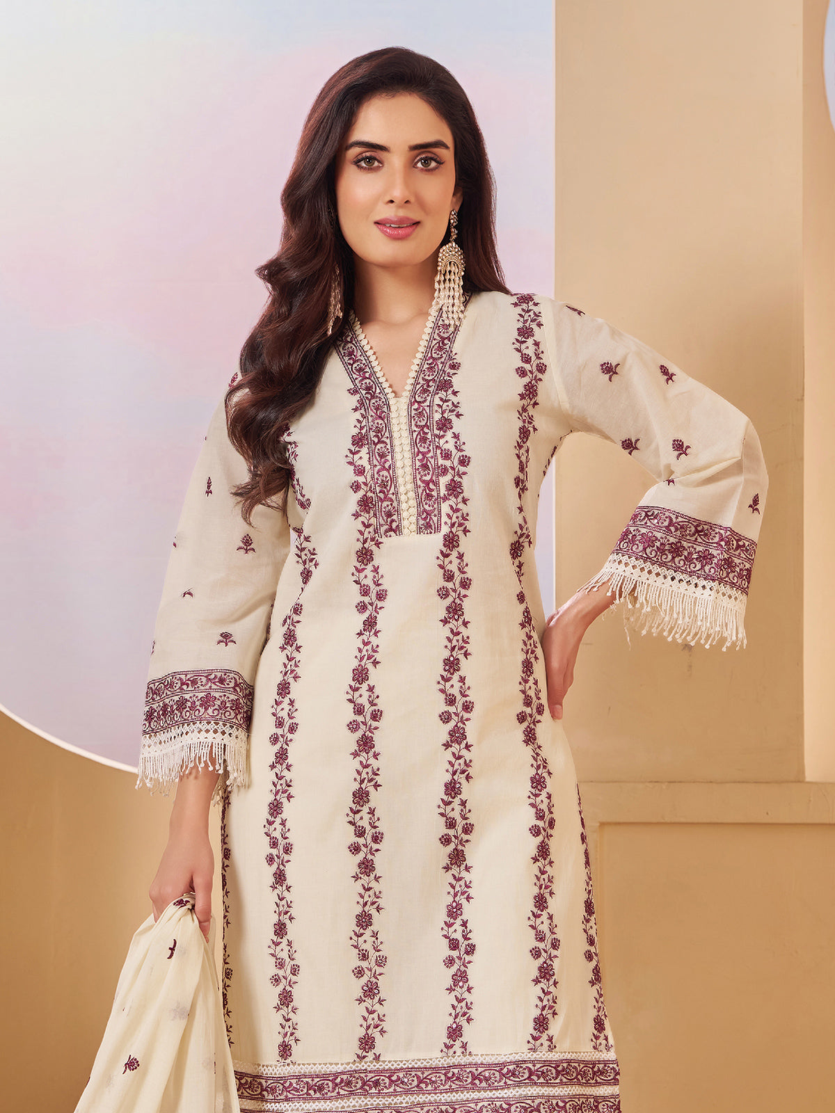 Cream cotton straight cut pakistani salwar suit with sequins