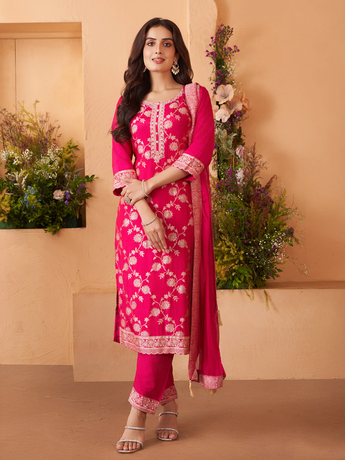 Rani pink silk straight cut suit with mirror work