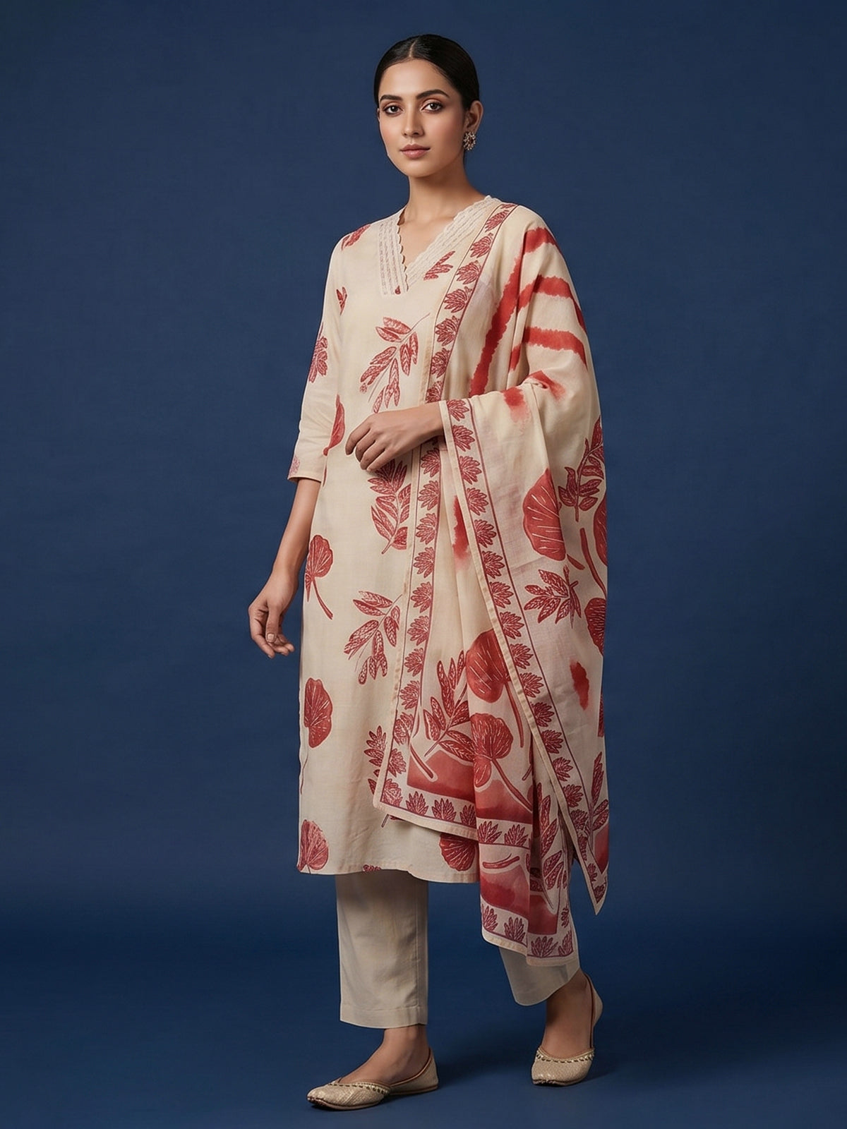 Cream cotton silk printed kurti pant dupatta set