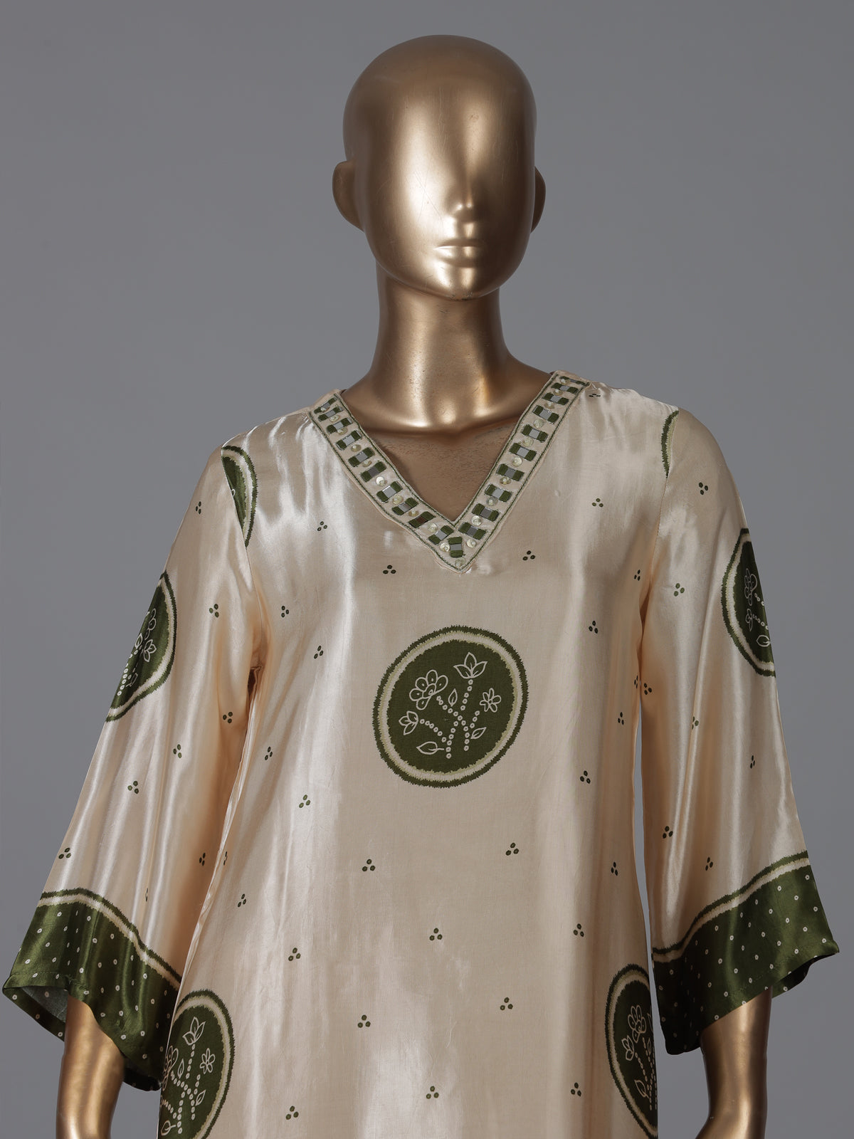 Cream green mulmul silk printed kurti set