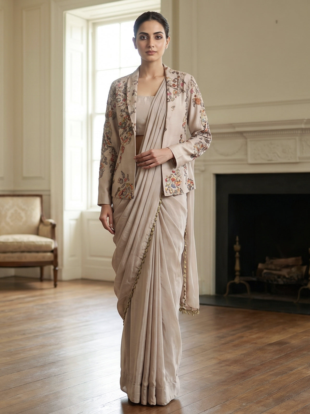 Beige dola silk designer ready to wear saree with jacket style
