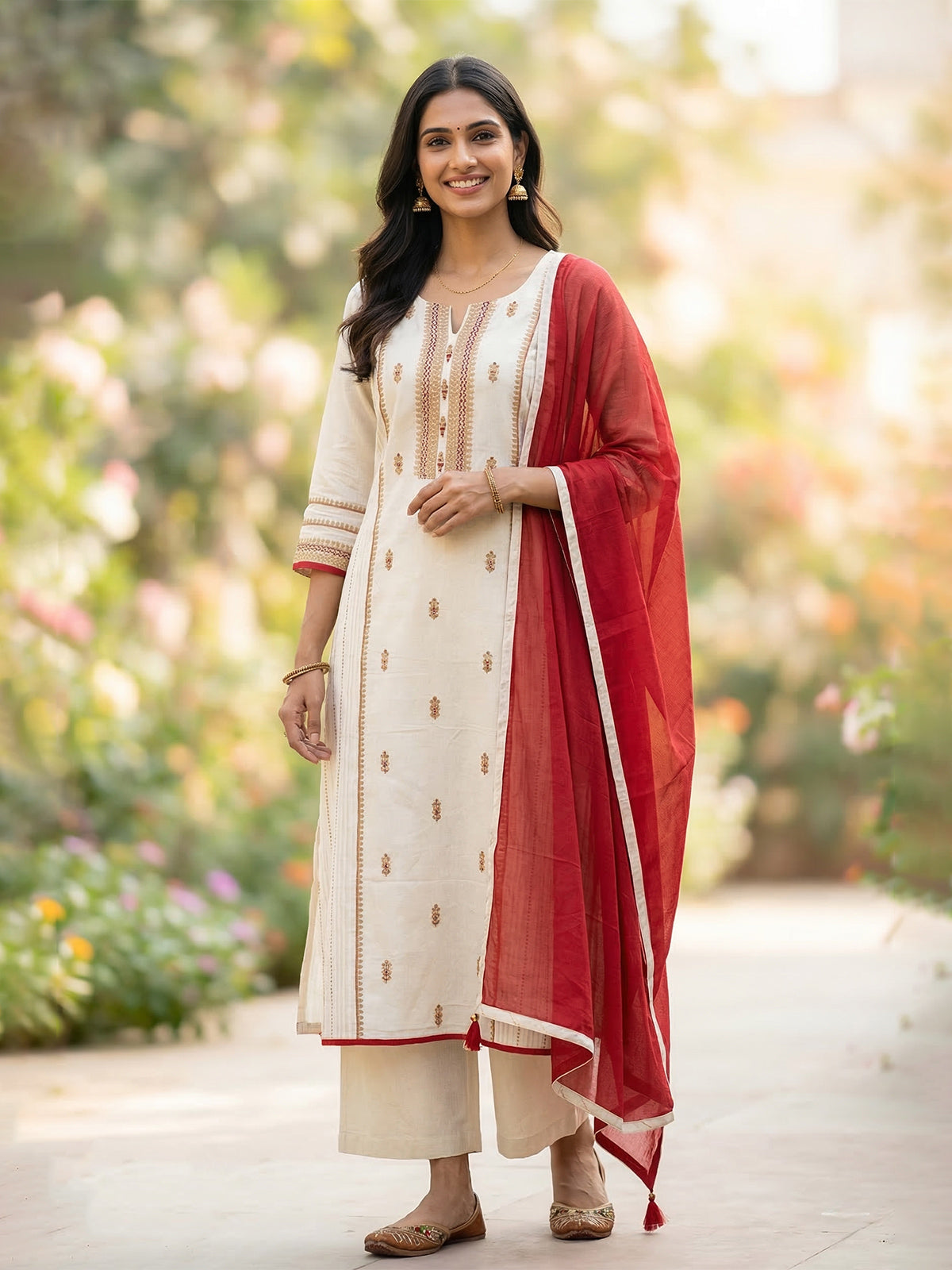Cream cotton straight palazzo suit with zari butti