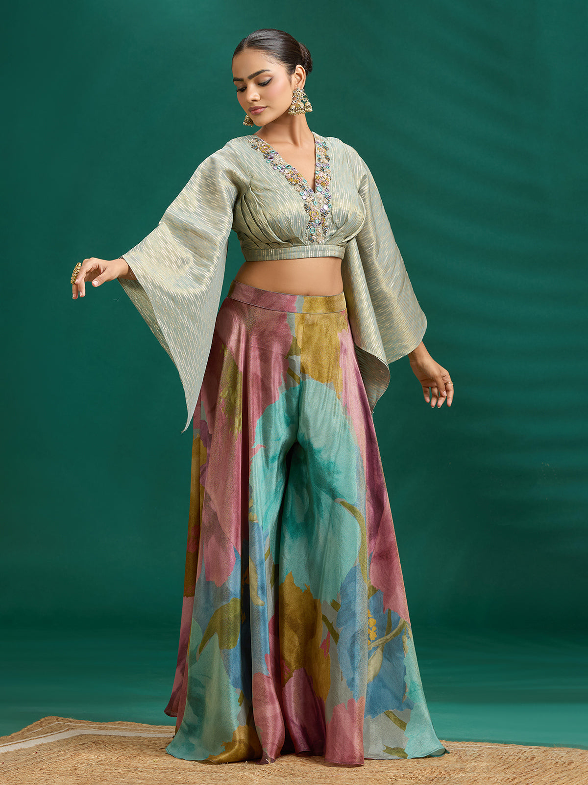 Vibrant multicolor floral palazzo set with volume sleeves