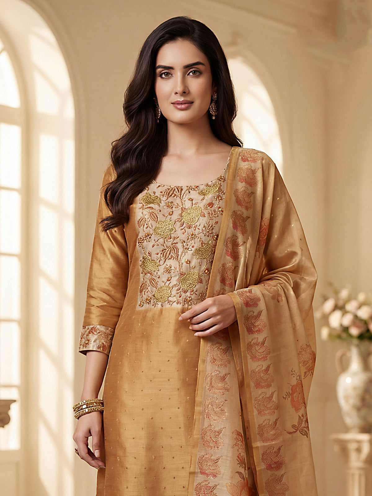 Copper gold silk straight cut salwar suit with yoke design