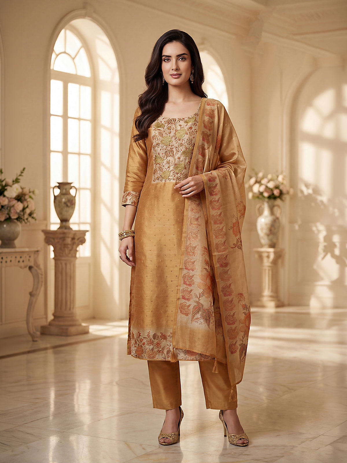 Copper gold silk straight cut salwar suit with yoke design