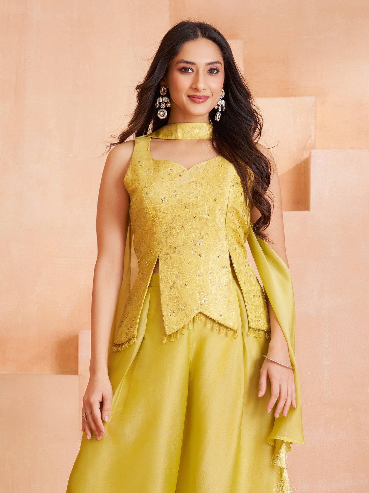 Yellow silk palazzo suit with festive tassel charm
