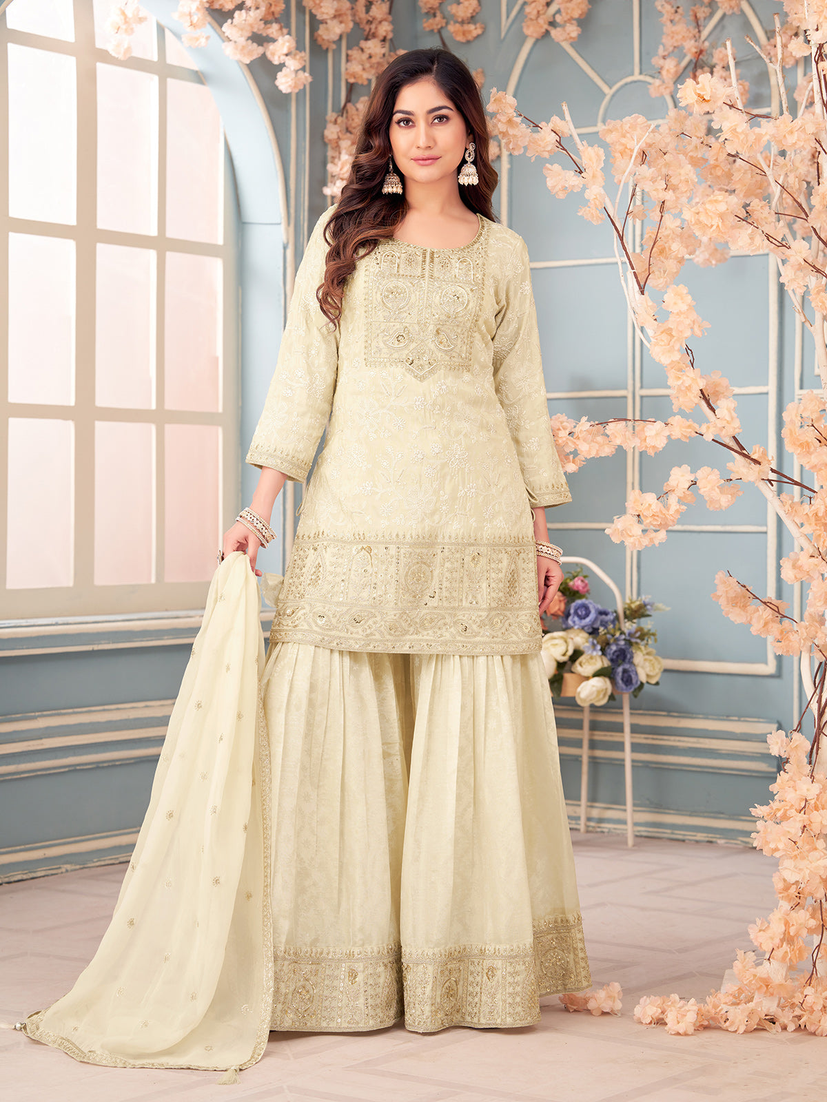 Cream silk sharara suit with yoke style detailing