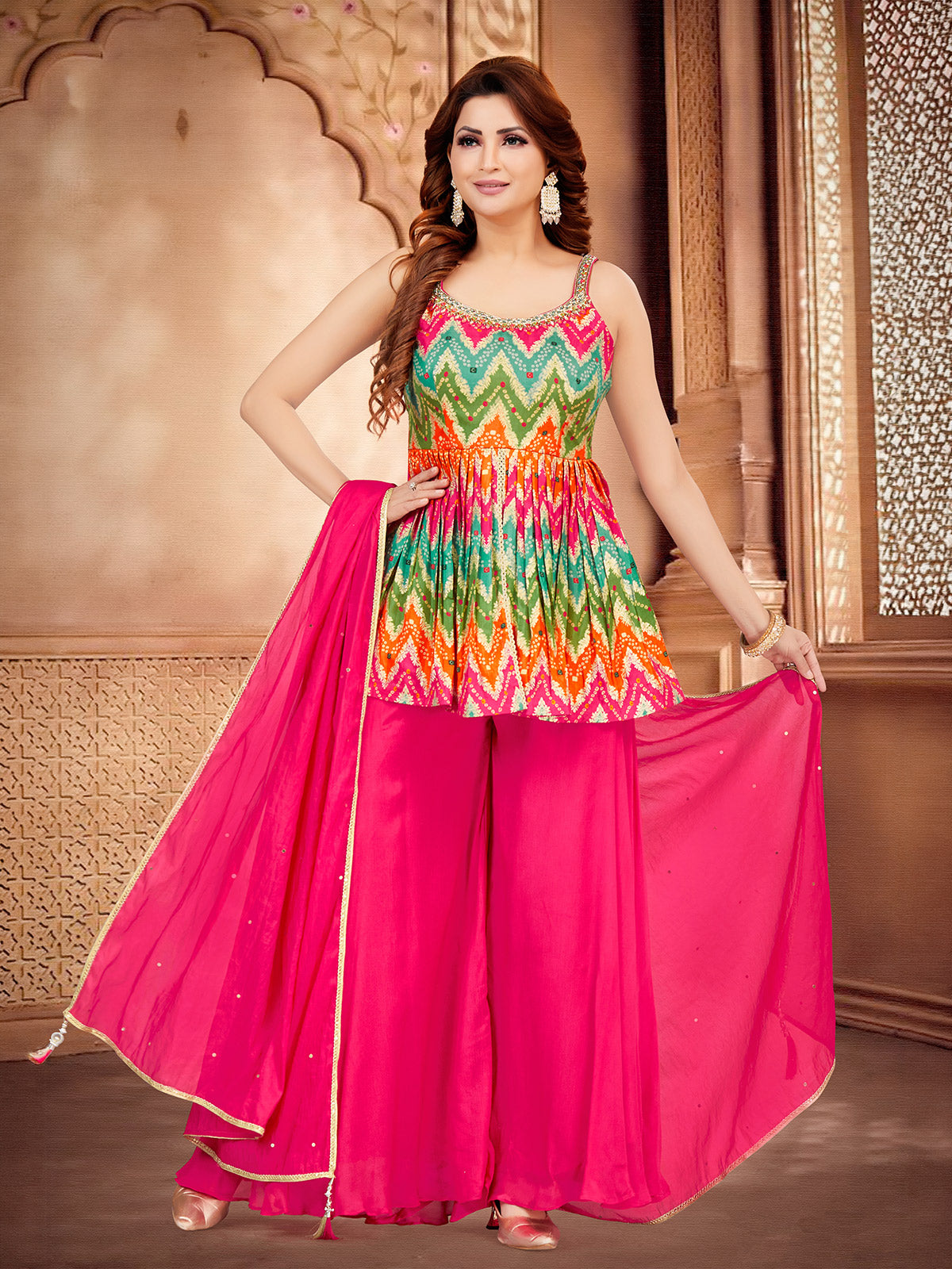 Magenta silk palazzo suit with zardosi and thread work
