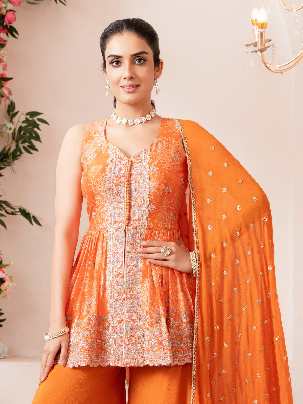Orange silk palazzo suit with diamond embellishments