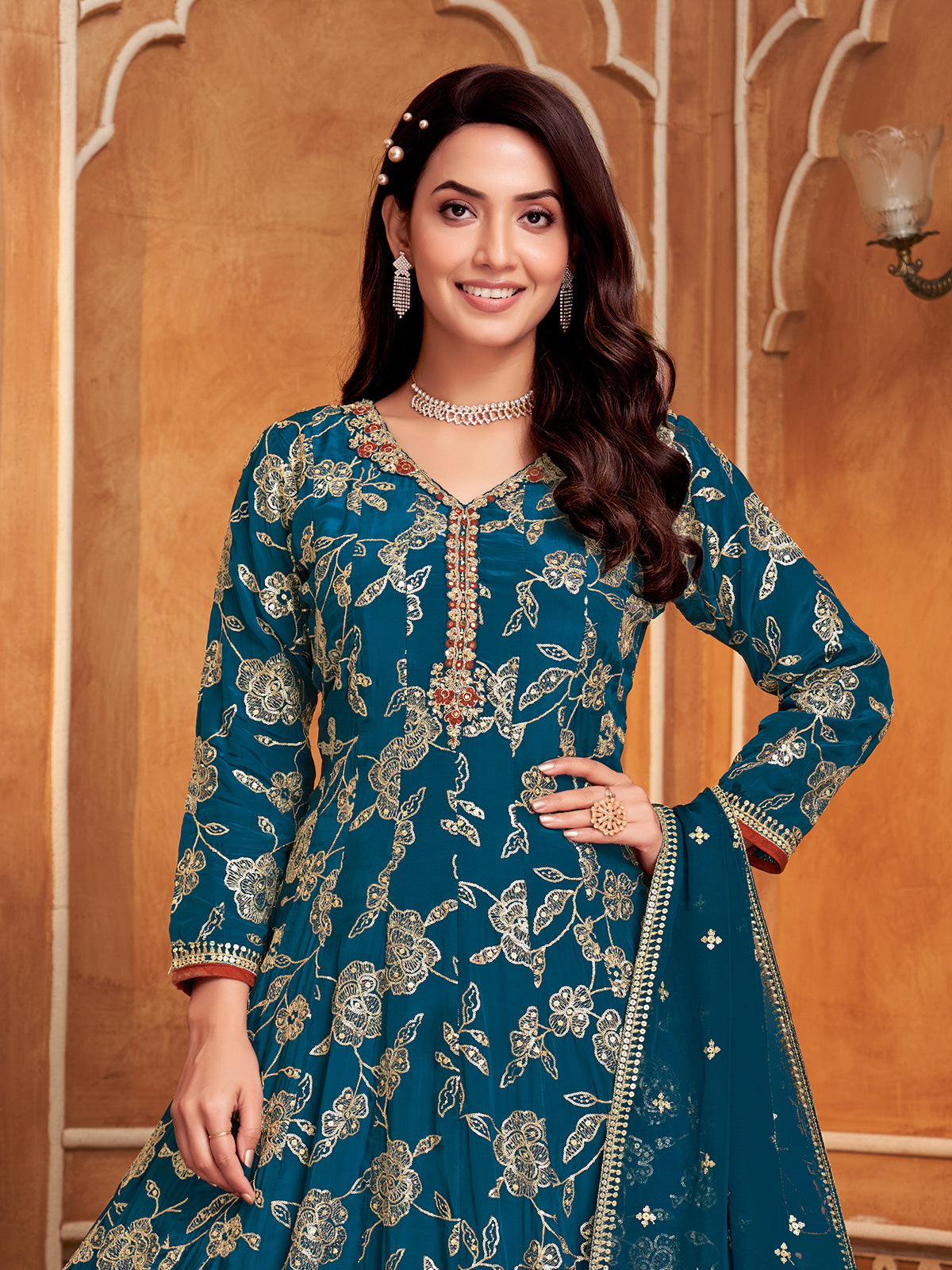Rama blue silk anarkali palazzo suit with dupatta