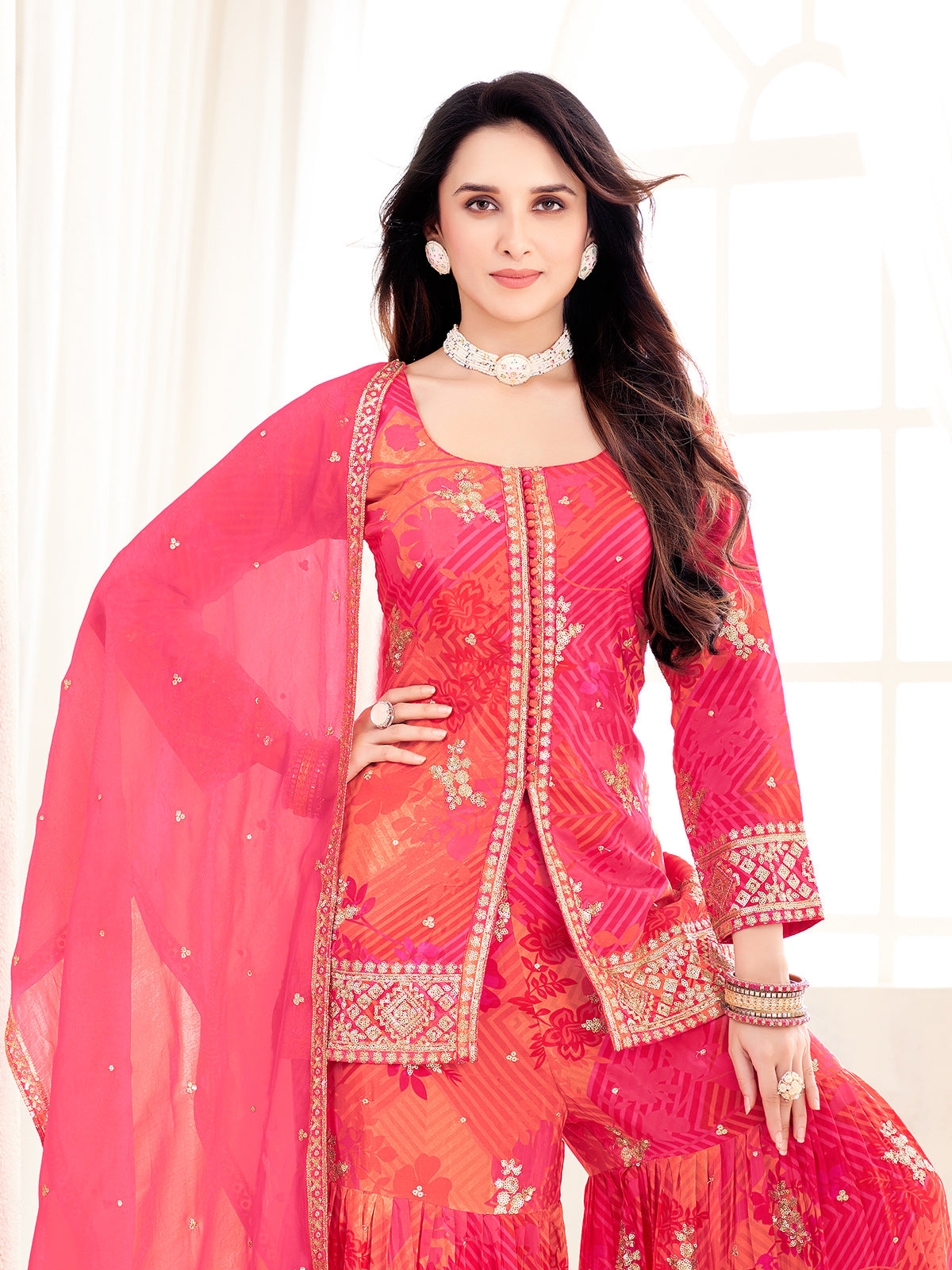 Pink floral printed silk sharara suit with dupatta