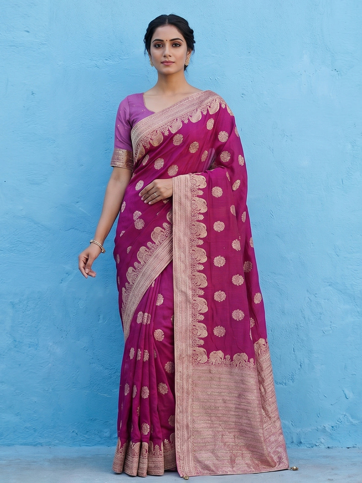 Bright wine dola silk saree with elephant motif elegance