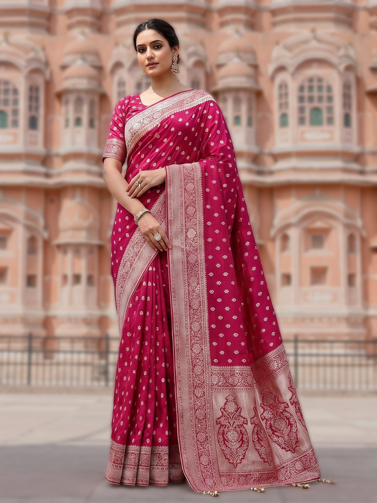 Maroon dola silk saree with rich zari butti design