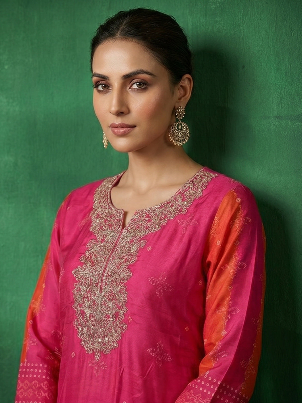 Rani pink silk elegant yoke kurti set with dupatta