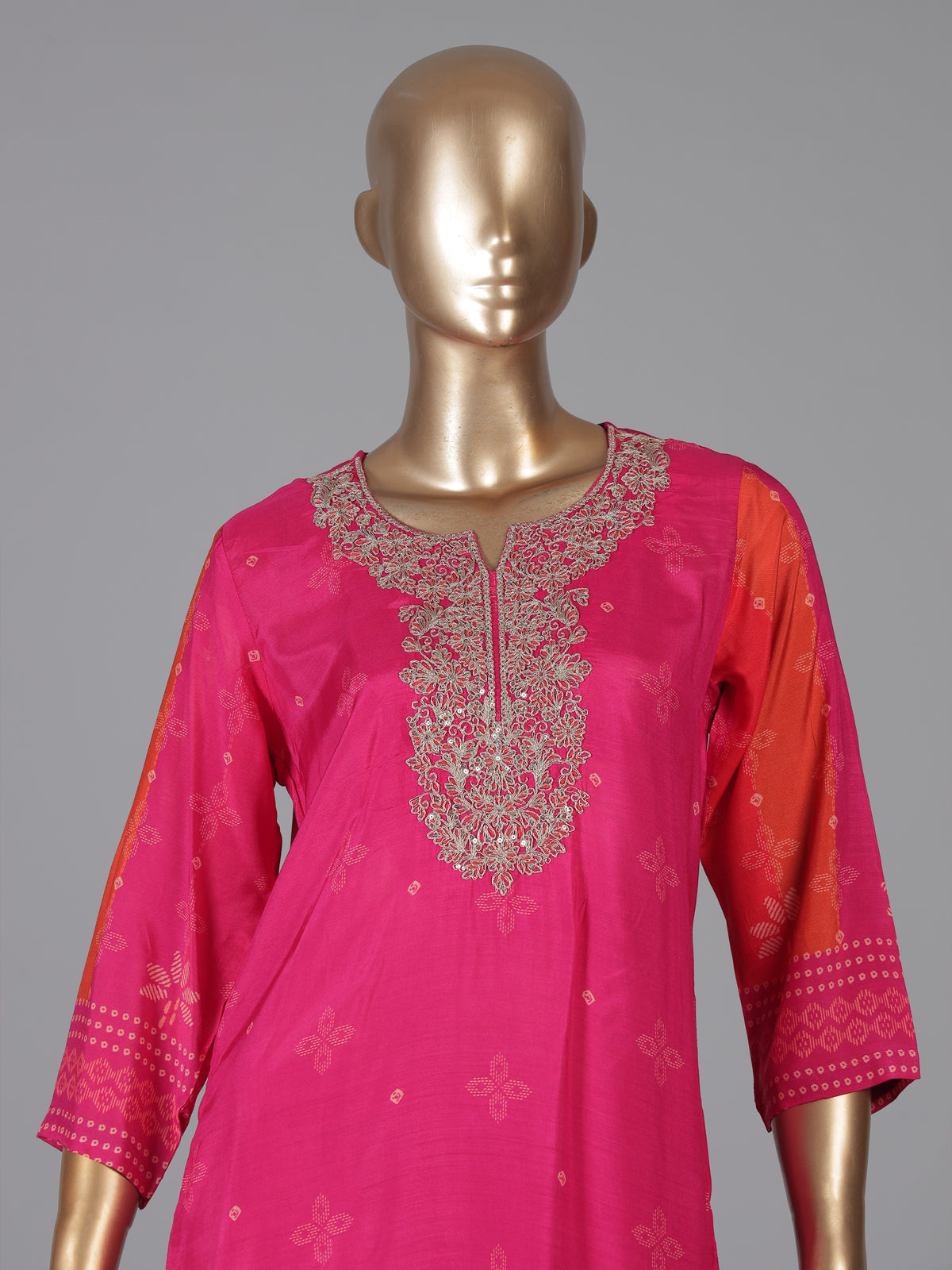 Rani pink silk elegant yoke kurti set with dupatta
