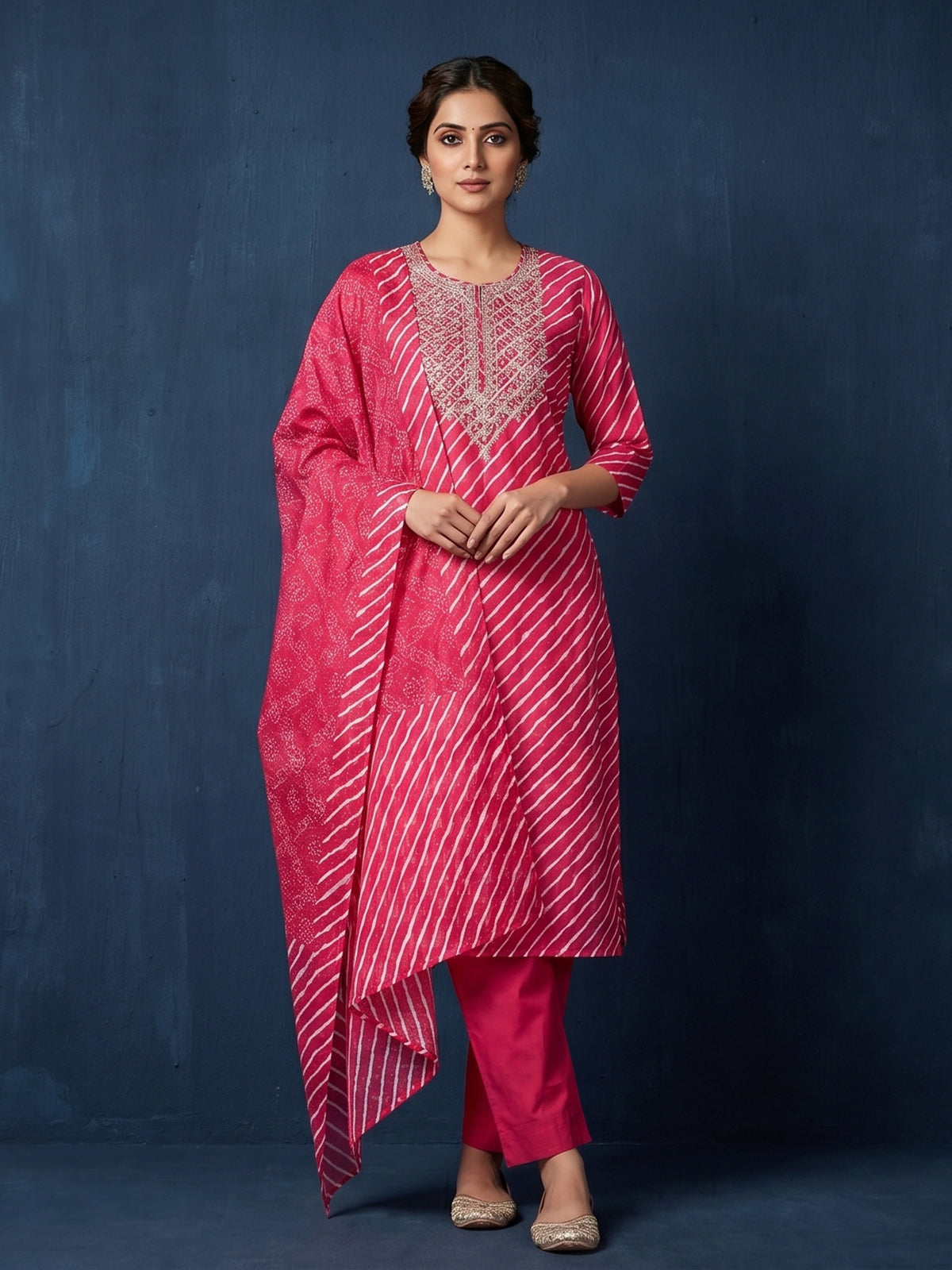 Rani pink silk festive yoke style kurti set