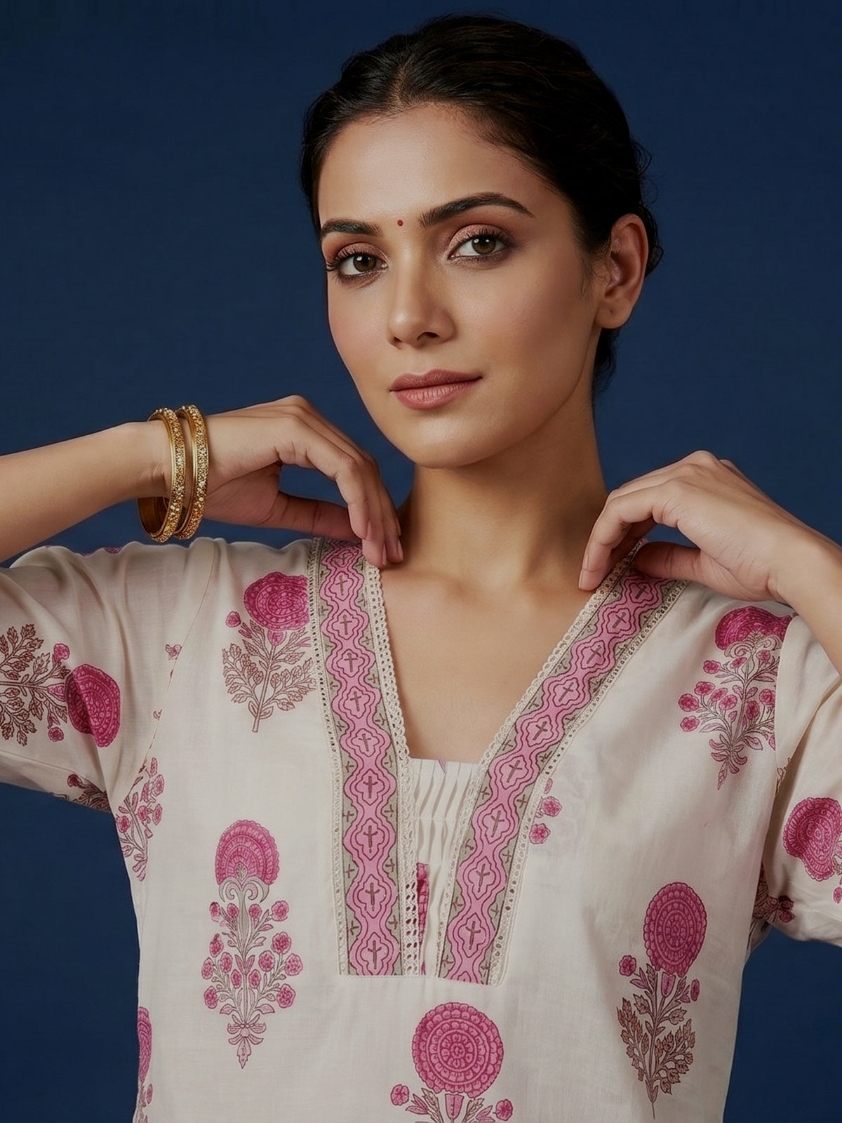Cream and pink cotton graceful floral kurti set with dupatta set