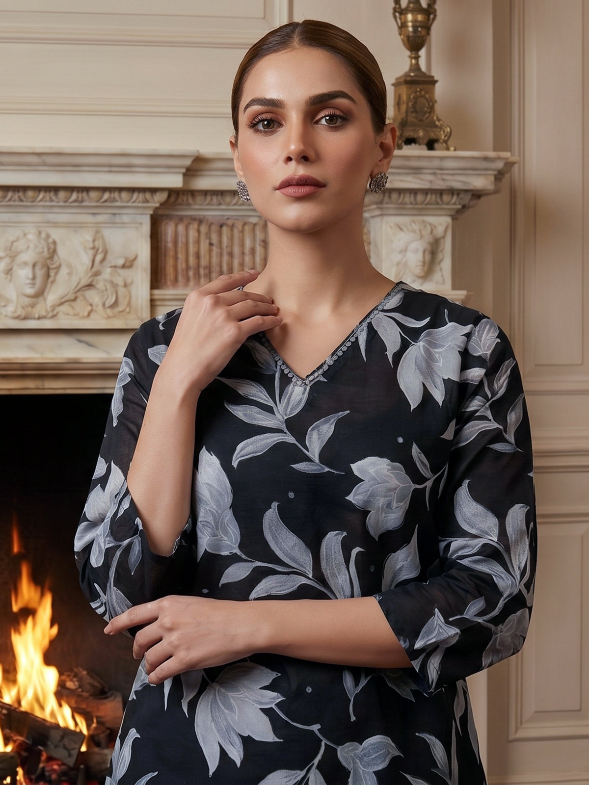 Black cotton stylish floral printed kurti set with dupatta