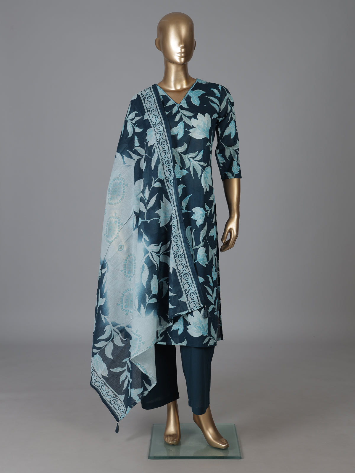 Blue cotton vibrant floral printed kurti set