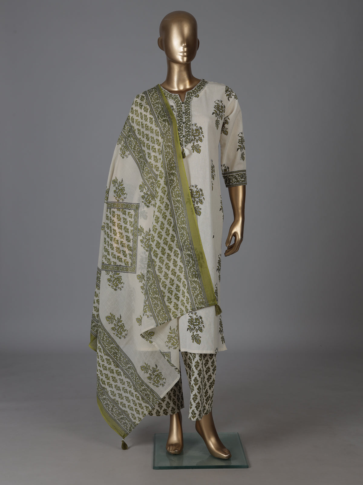 Cream and green cotton fresh floral kurti set with dupatta set