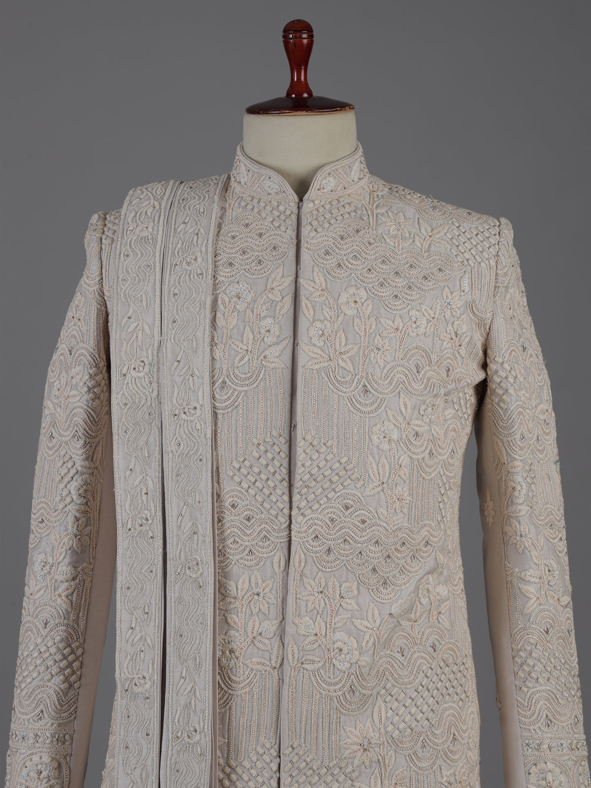 Beige raw silk peshwai style sherwani with dupatta set