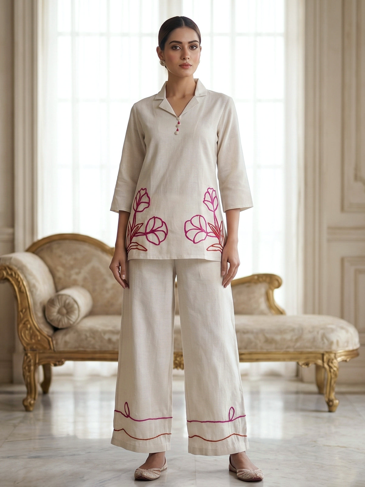 Beige cotton floral thread co ord set with palazzo style