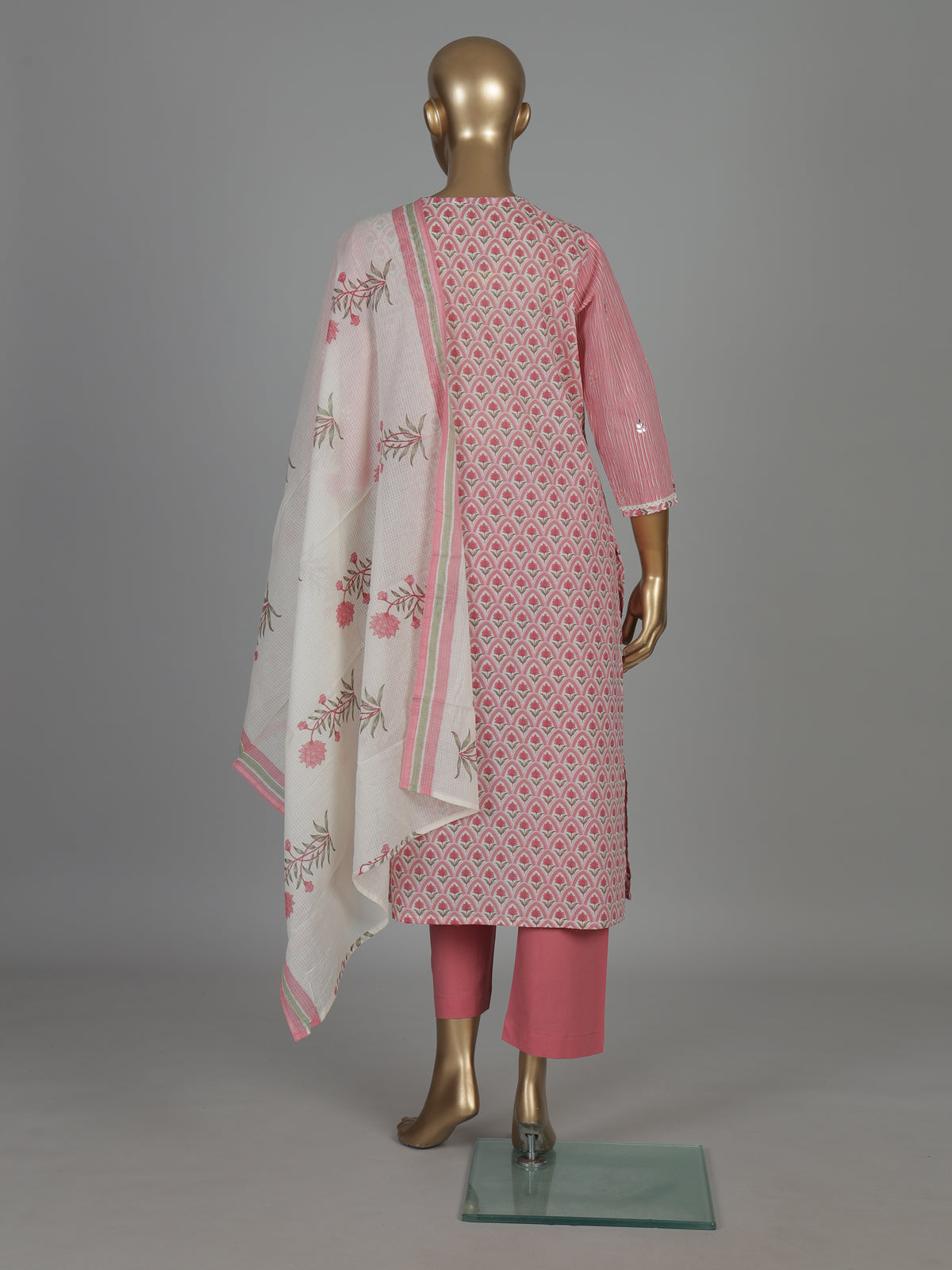 Pink floral cotton kurti set with dupatta elegance