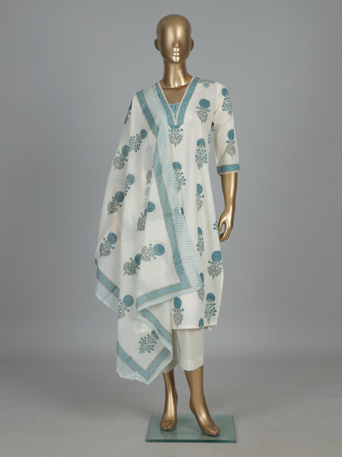 White and blue floral cotton kurti set with dupatta charm