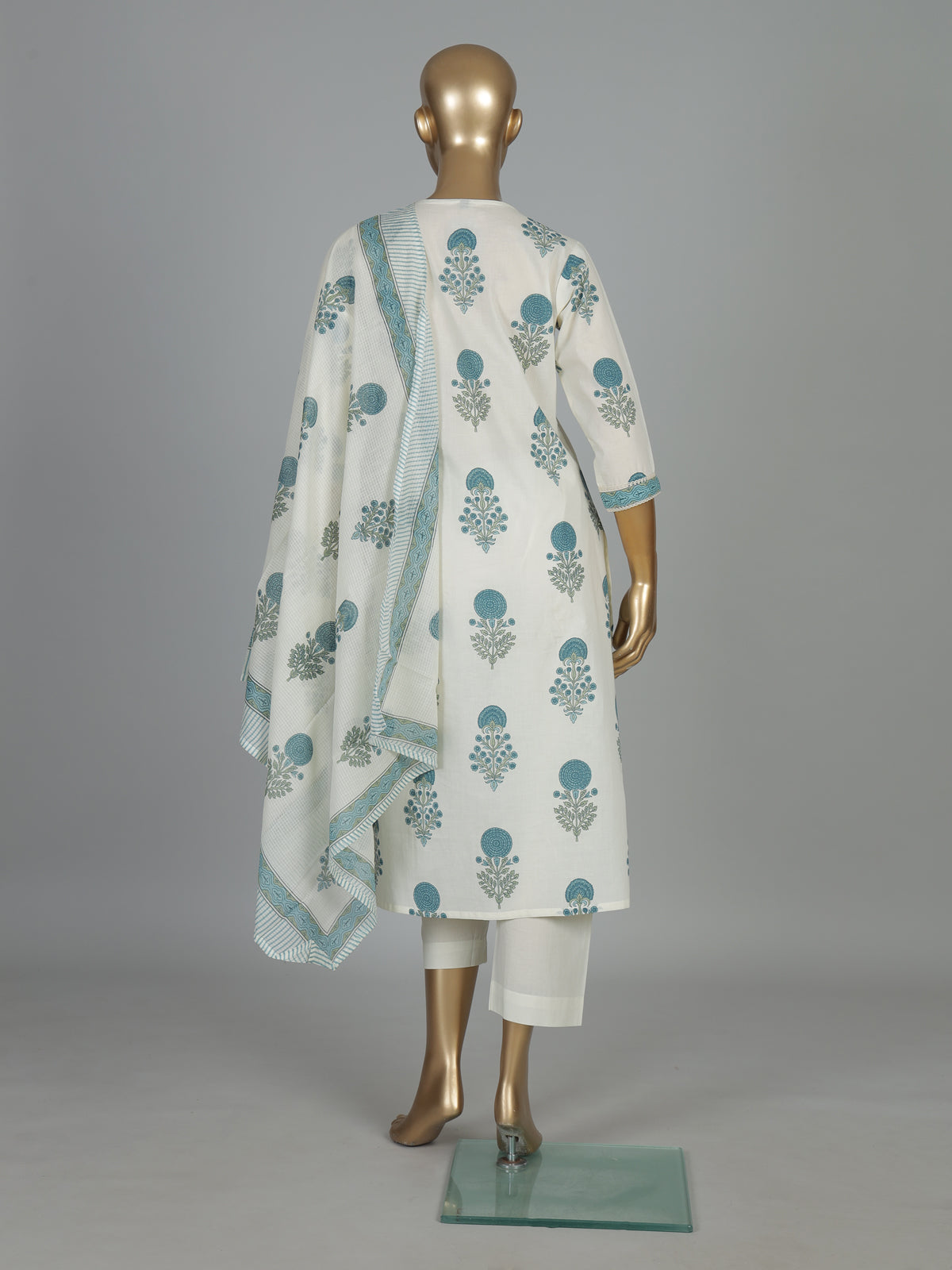 White and blue floral cotton kurti set with dupatta charm