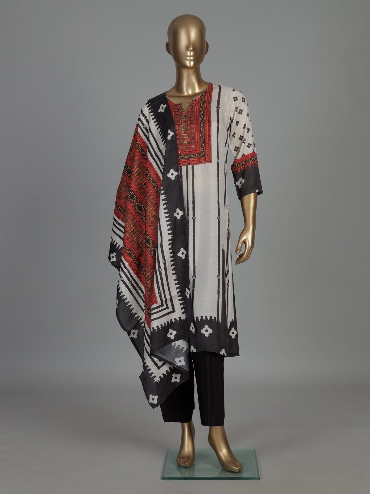 White and black aabla work silk kurti set with dupatta