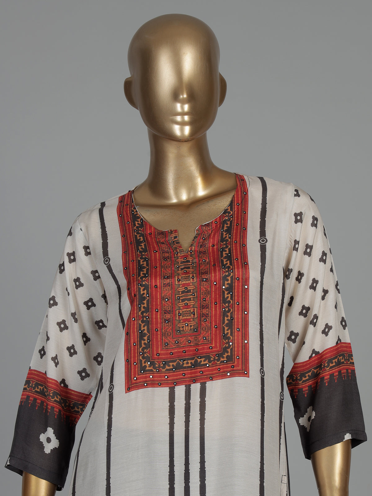White and black aabla work silk kurti set with dupatta
