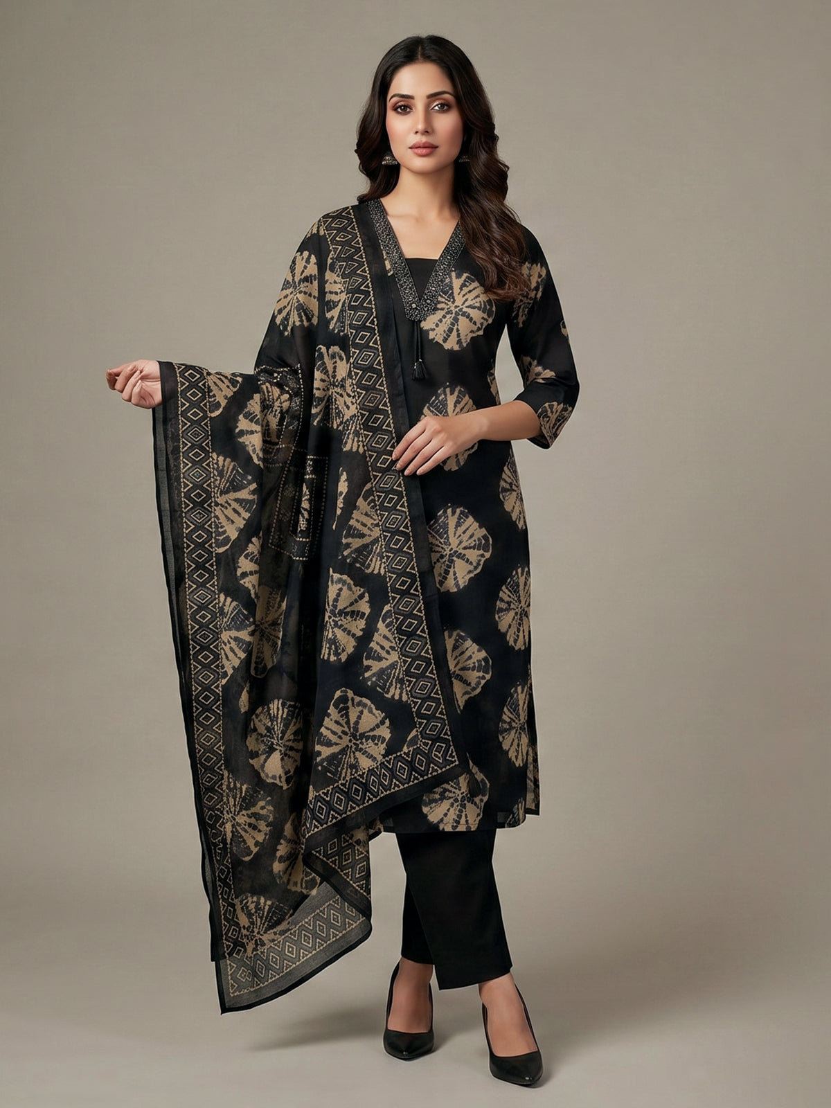 Black printed cotton silk kurti set with dupatta charm