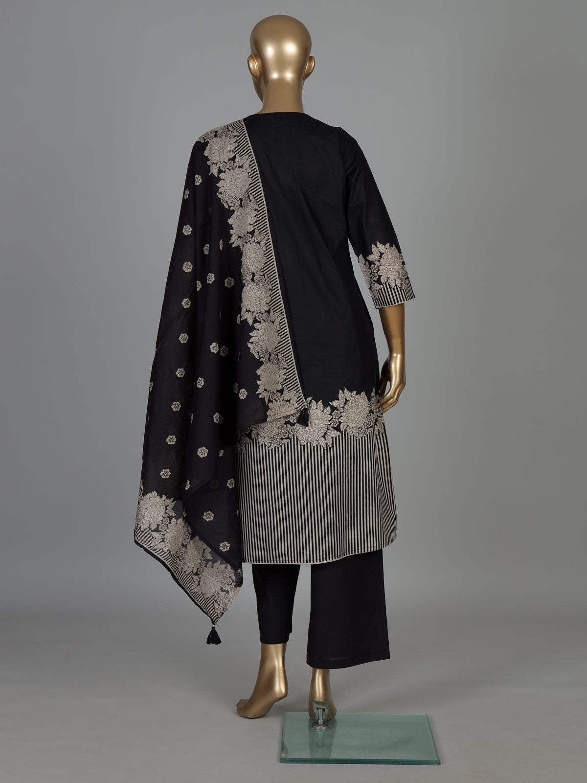 Black silk floral kurti set with embroidered neck work